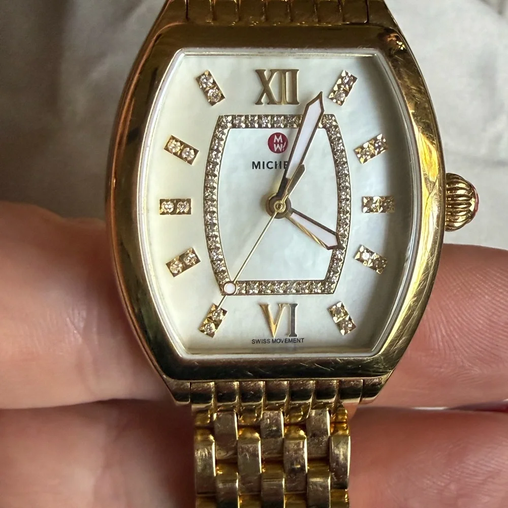 Michele Relevé Diamond Dial Watch Head & Interchangeable band, 31mm x 32mm- gold